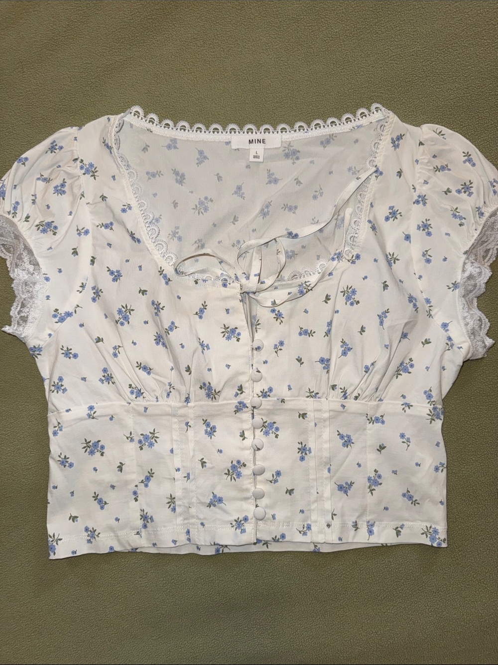 MINE White Floral Corset-Front Crop Top with Blue Blooms